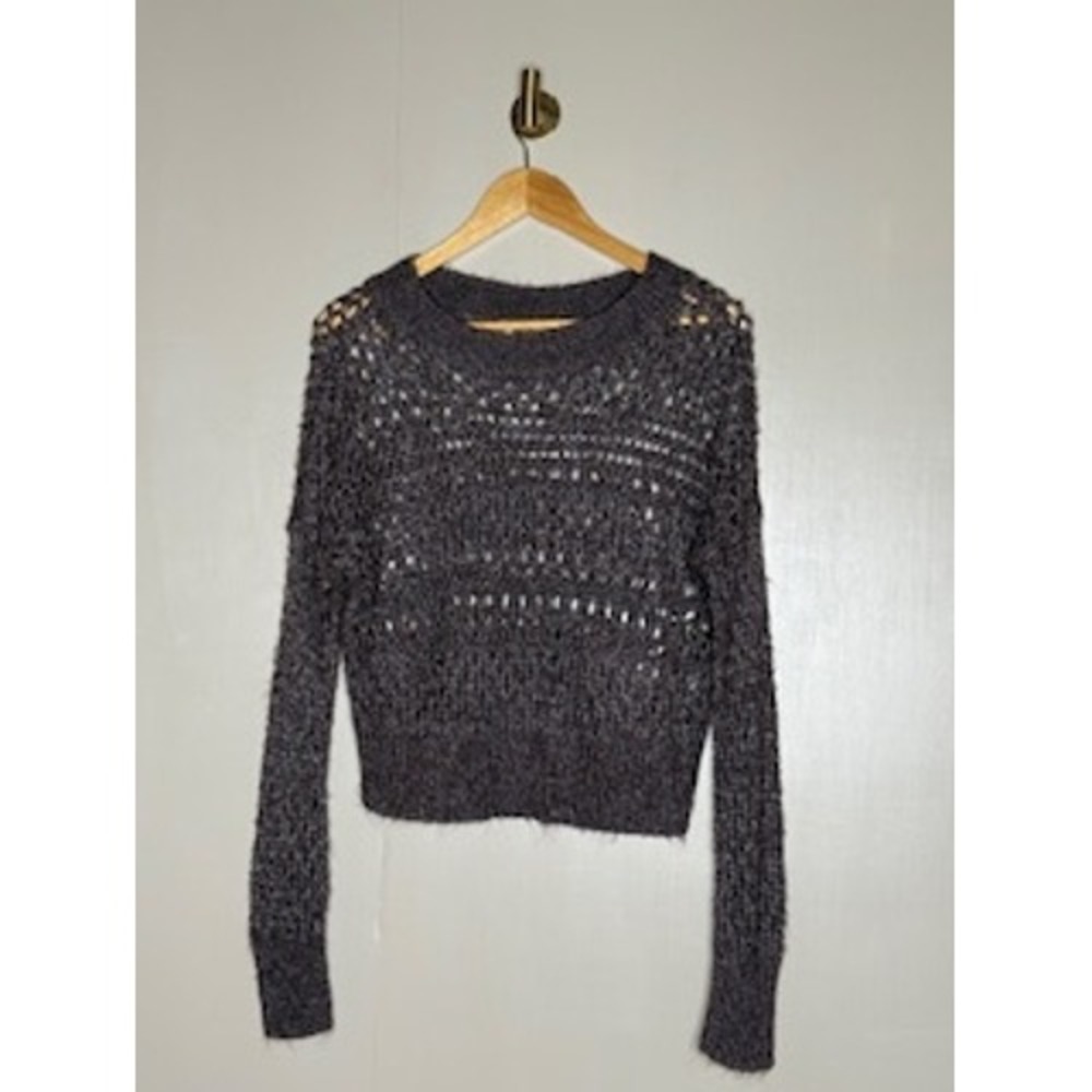 Decree Womens Open Knit Fuzzy Sweater Brown Marl‎ Pointelle Crochet Pullover L